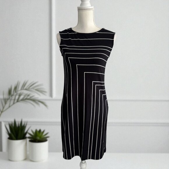 WHITE HOUSE BLACK MARKET WHBM Black White Geometric Everyday Cotton Blend Dress - Picture 1 of 7